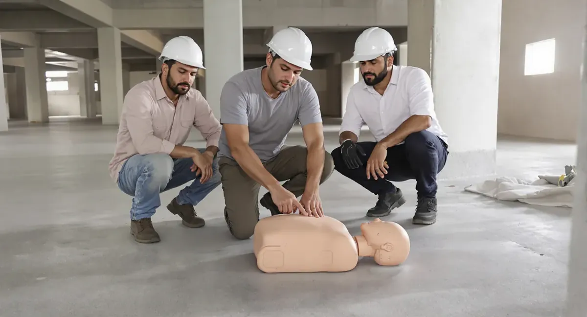 Session de formation sauveteur secouriste du travail : le formateur montre le point de compression sur le mannequin