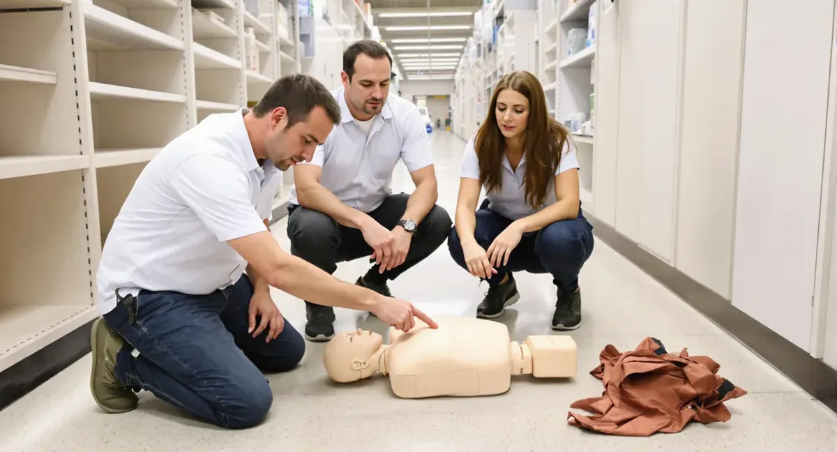 Session de formation sauveteur secouriste du travail : le formateur montre le point de compression sur le mannequin