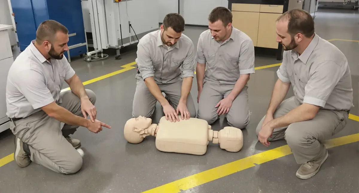 Session de formation sauveteur secouriste du travail : le formateur montre le point de compression sur le mannequin