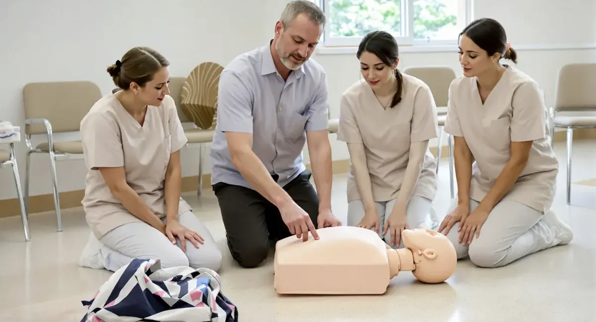 Session de formation sauveteur secouriste du travail : le formateur montre le point de compression sur le mannequin