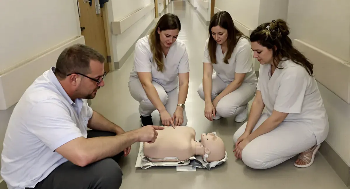 Session de formation sauveteur secouriste du travail : le formateur montre le point de compression sur le mannequin