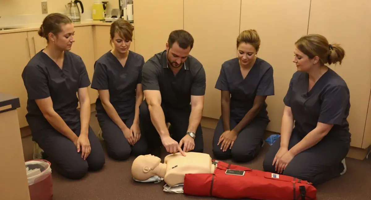 Session de formation sauveteur secouriste du travail : le formateur montre le point de compression sur le mannequin