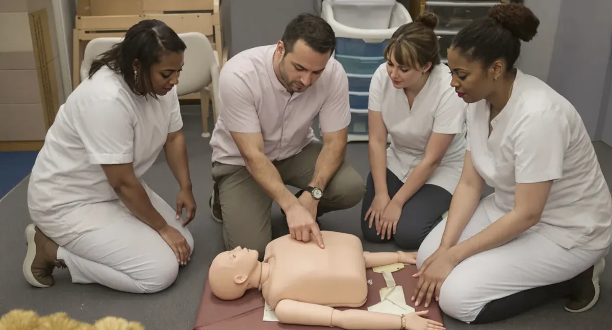 Session de formation sauveteur secouriste du travail : le formateur montre le point de compression sur le mannequin