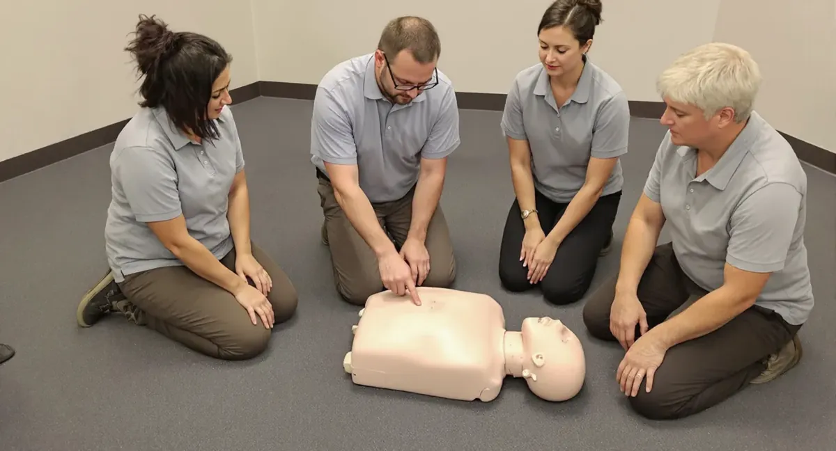 Session de formation sauveteur secouriste du travail : le formateur montre le point de compression sur le mannequin