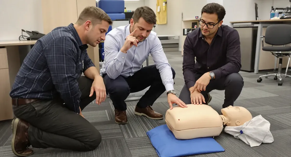 Session de formation sauveteur secouriste du travail : le formateur montre le point de compression sur le mannequin