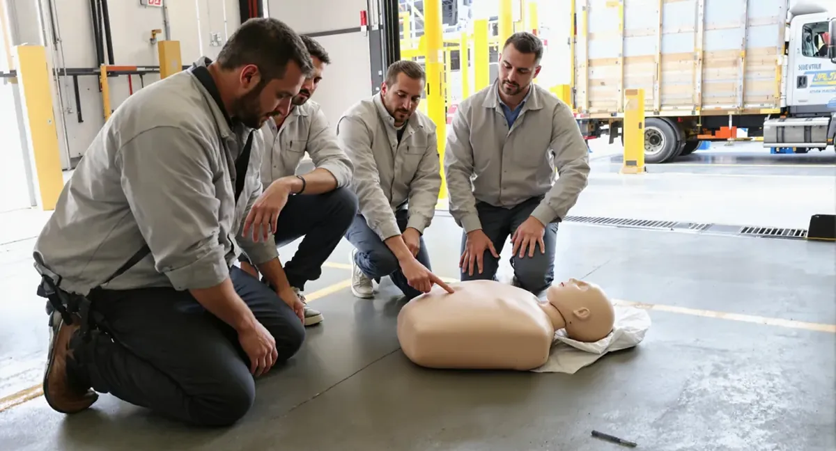 Session de formation sauveteur secouriste du travail : le formateur montre le point de compression sur le mannequin
