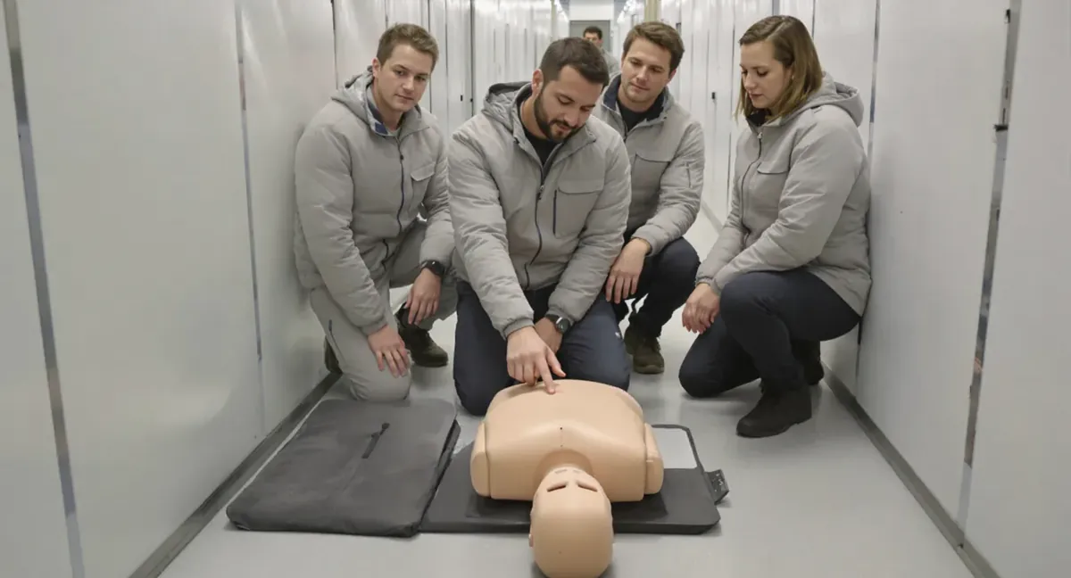 Session de formation sauveteur secouriste du travail : le formateur montre le point de compression sur le mannequin