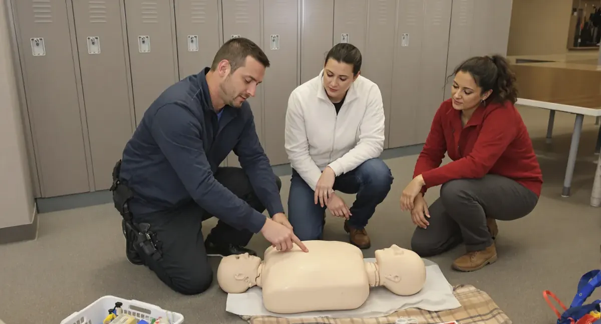 Session de formation sauveteur secouriste du travail : le formateur montre le point de compression sur le mannequin