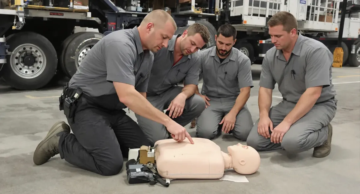Session de formation sauveteur secouriste du travail : le formateur montre le point de compression sur le mannequin