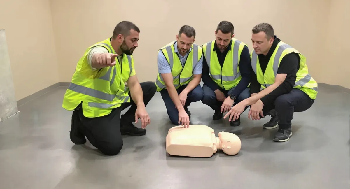 Session de formation sauveteur secouriste du travail : le formateur montre le point de compression sur le mannequin